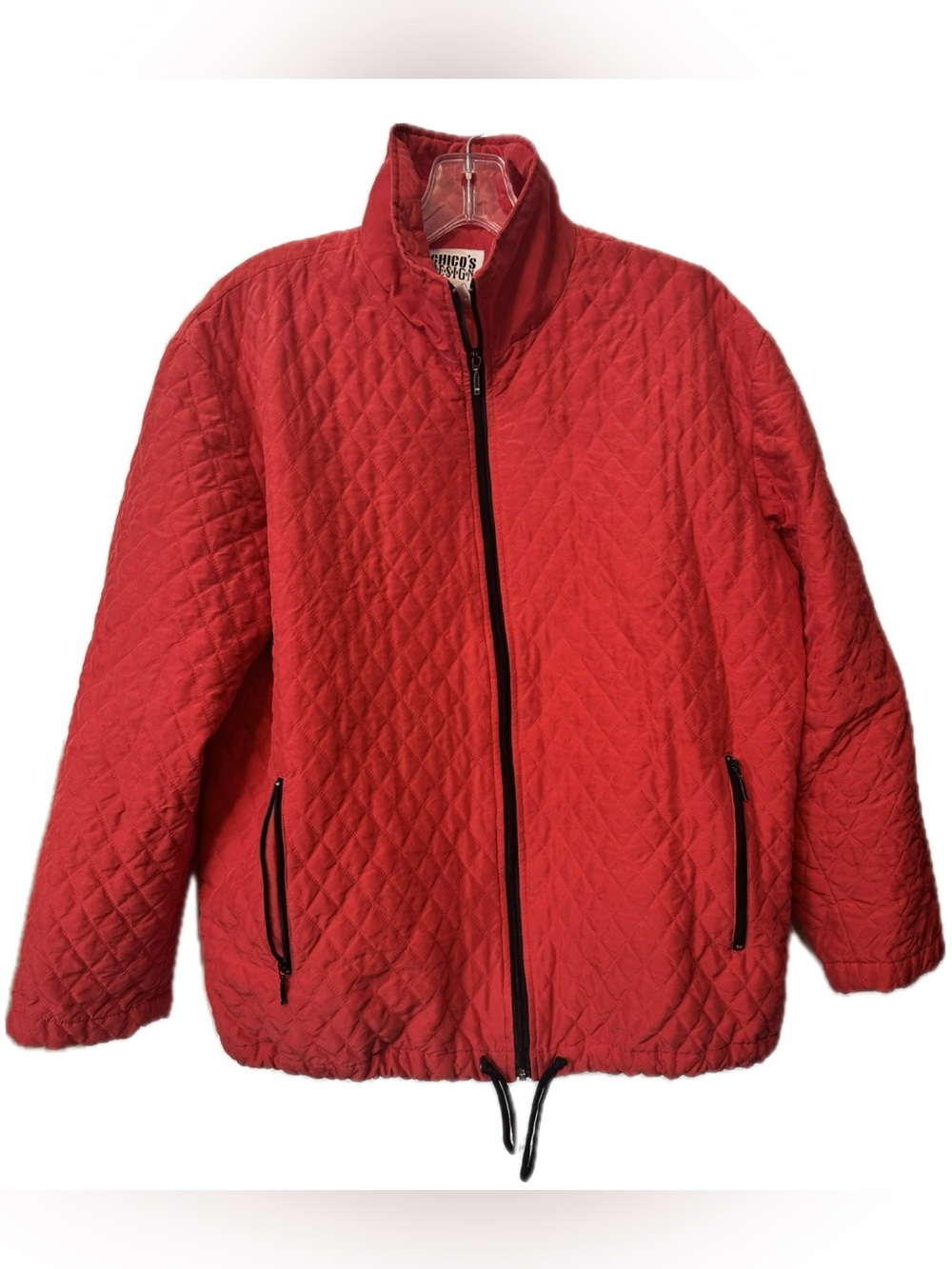 Chico’s Design Red Quilted Silk Jacket Full Zip Pockets Size 1 Medium 90’s